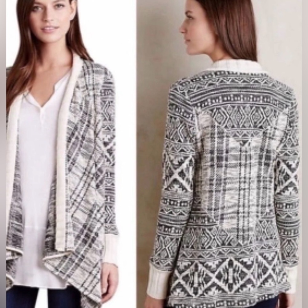 ANTHROPOLOGY S TINY Mazarine cotton Jacquard black-white asymmetrical cardigan